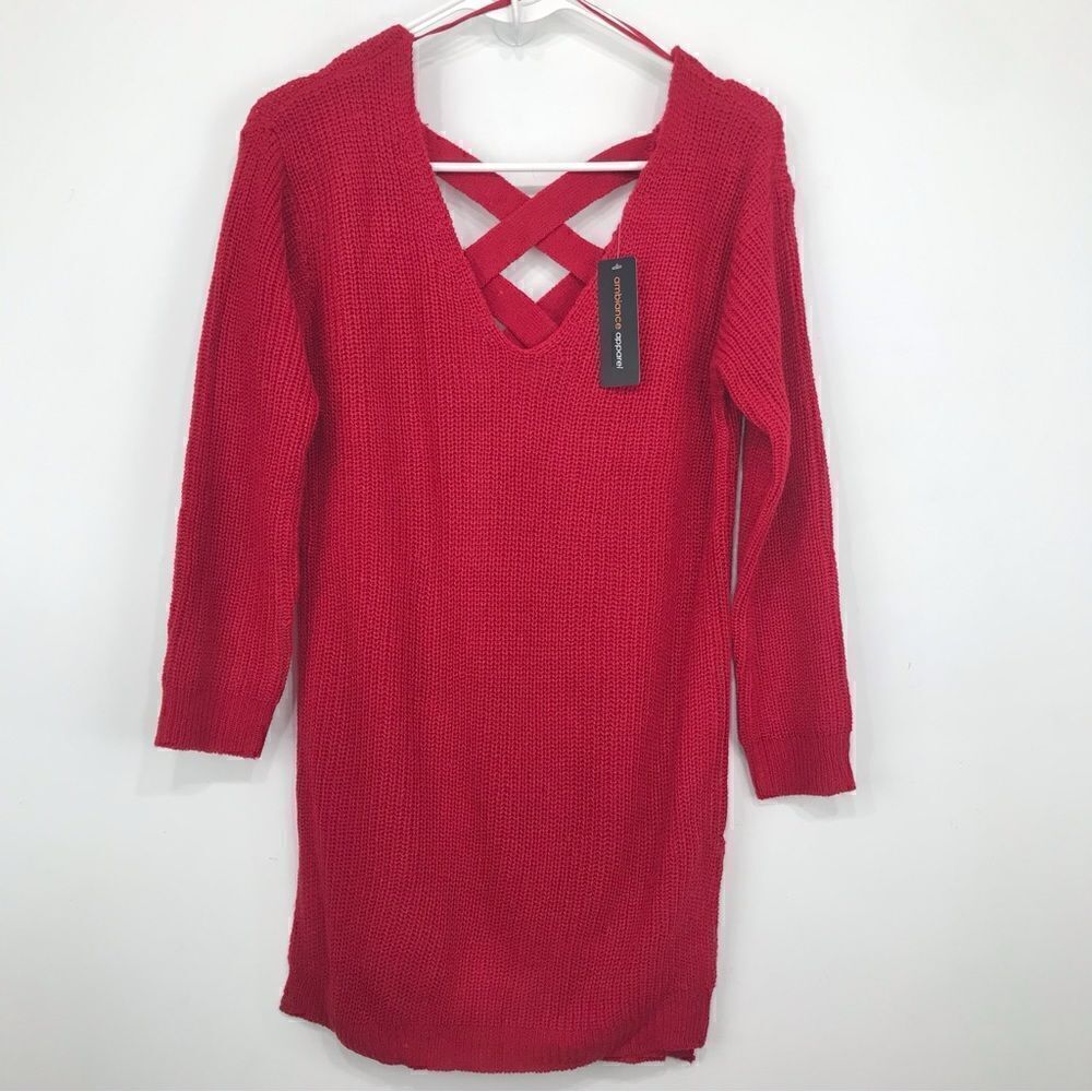 Ambiance Apparel Red Criss Cross Back Tunic Sweater NEW